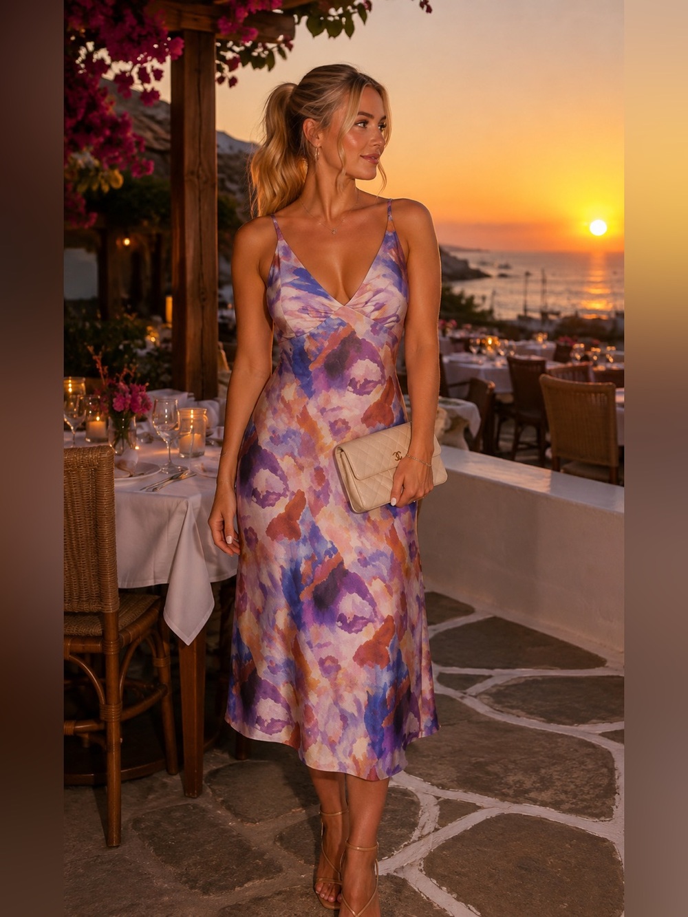 BHLDN Hazel V-Neck Printed Stretch Satin Midi Dress, Pink Multi NWOT